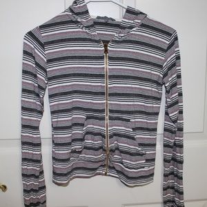 Striped crop long sleeve with gold zipper and hood